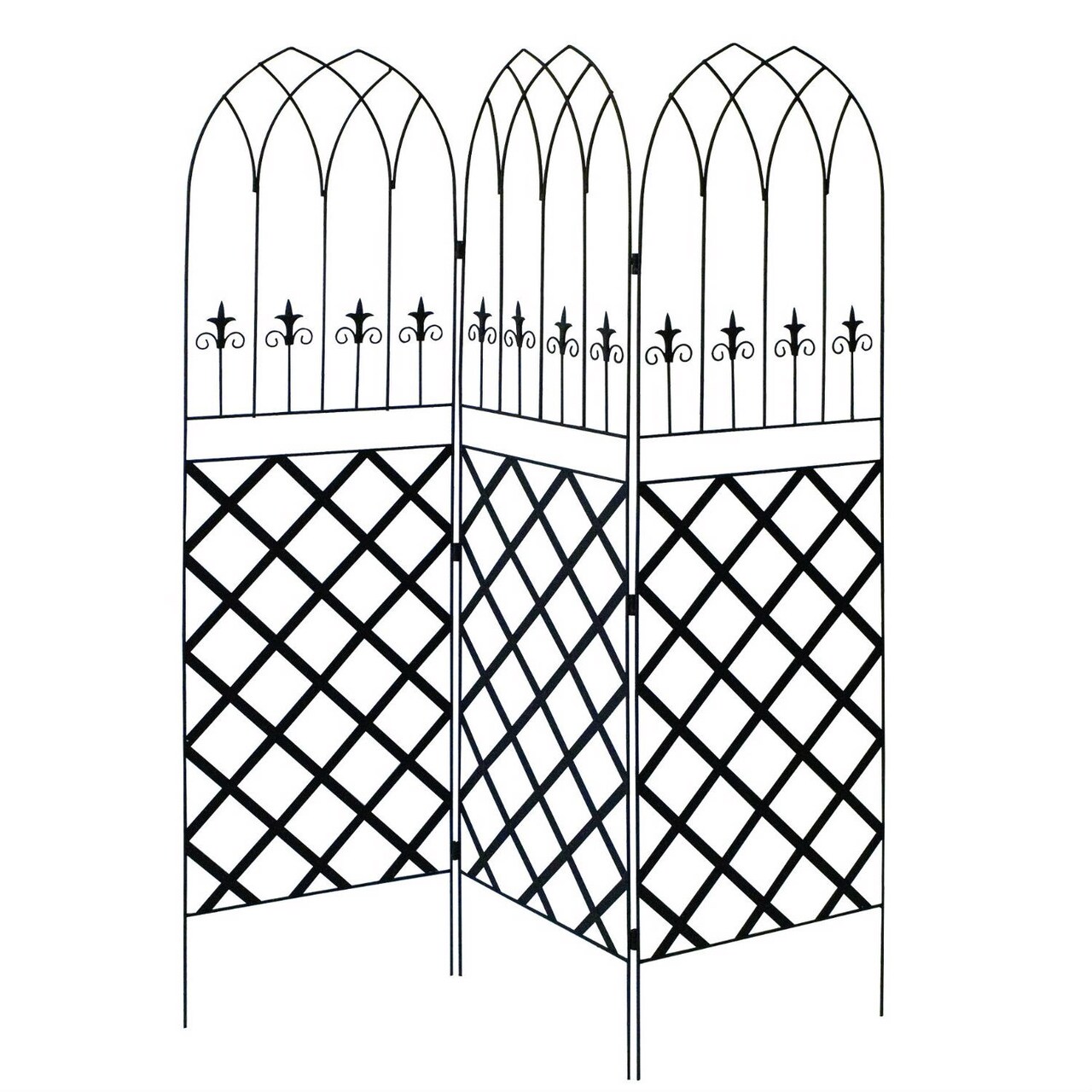6-Feet High 3-Panel Black Metal Trellis Screen with Gothic Lattice Design for Backyard Landscaping